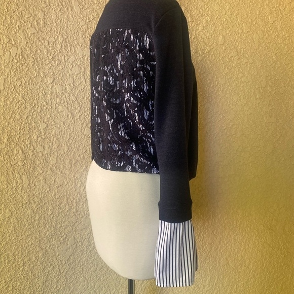 Nordstrom Signature Navy Blue Sweater With White and Blue Striped Bell Sleeve XS - Picture 7 of 12